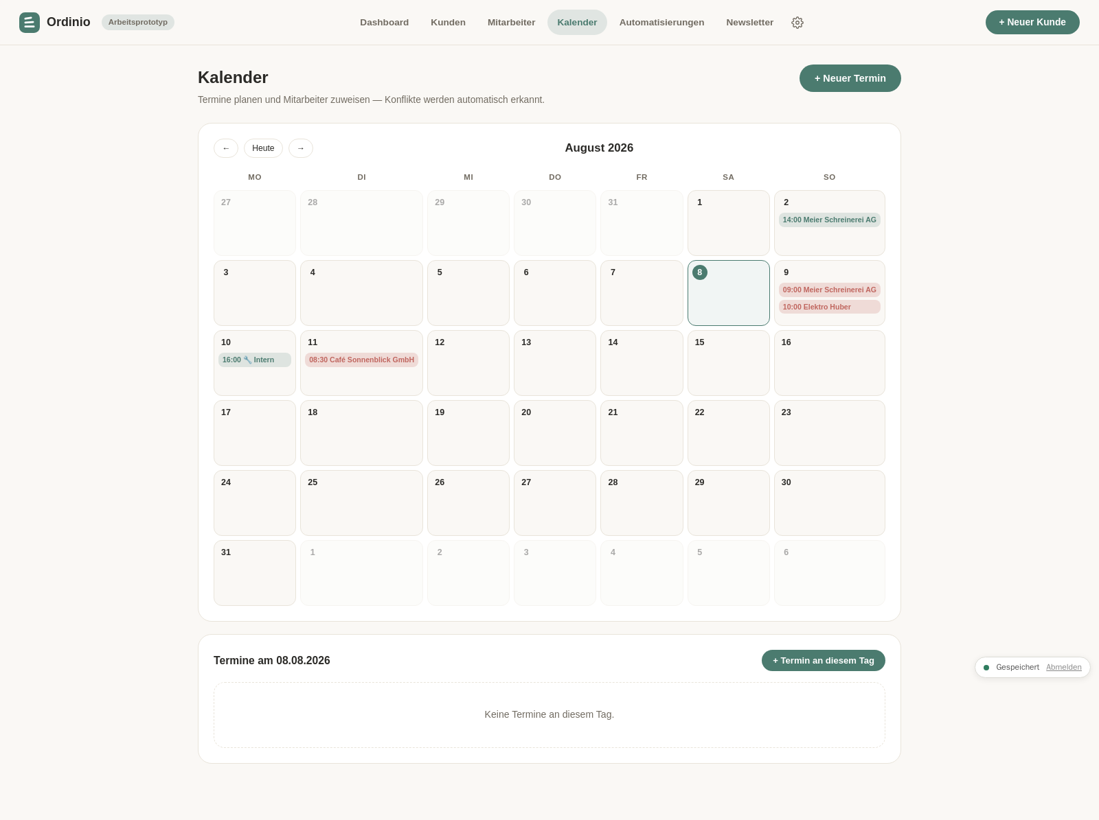 Ordinio-Kalender im August 2026 mit Terminen pro Mitarbeitendem, Konflikte werden farblich markiert