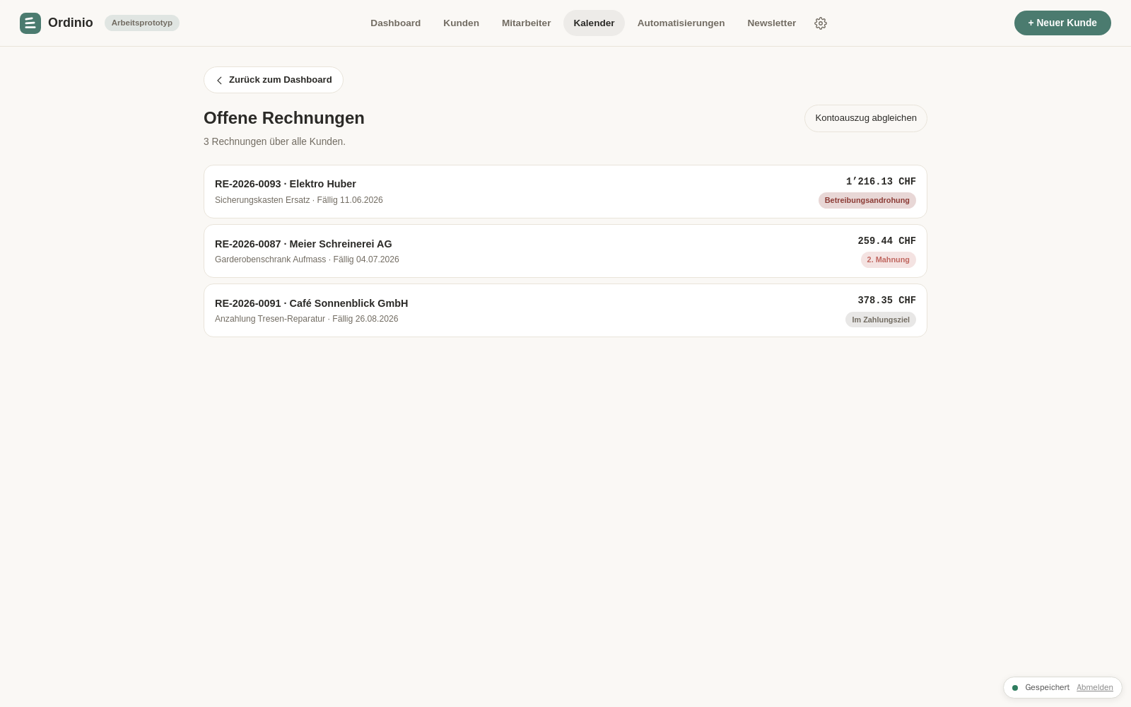 Offene Rechnungen in Ordinio mit Mahnstufen: im Zahlungsziel, 2. Mahnung, Betreibungsandrohung