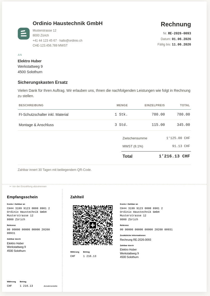 Ordinio-Rechnung mit Schweizer QR-Zahlteil und Empfangsschein, echter scanbarer QR-Code inklusive Referenznummer