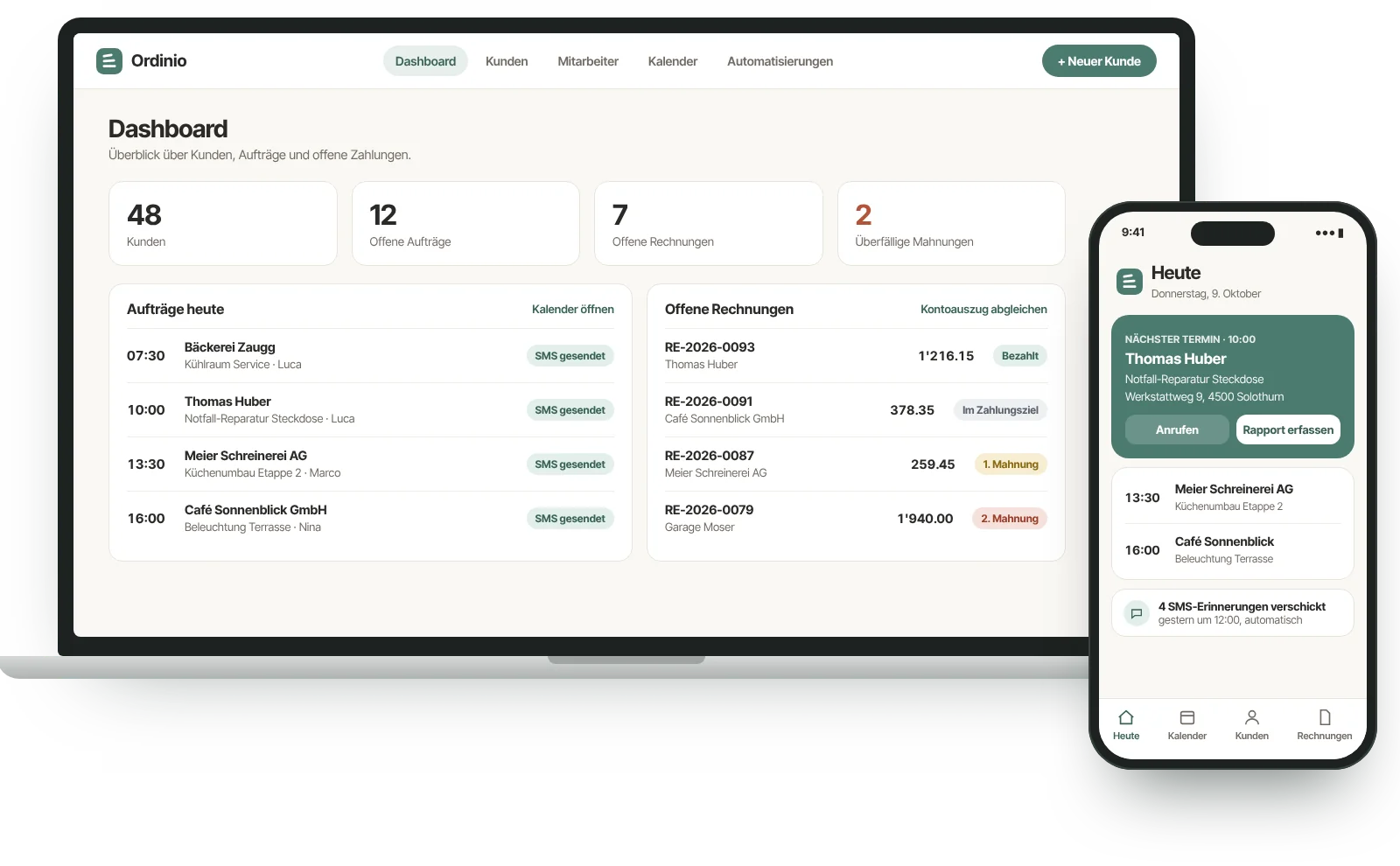 Ordinio Office auf Laptop und Smartphone: Dashboard mit Aufträgen, SMS-Erinnerungen und offenen Rechnungen.