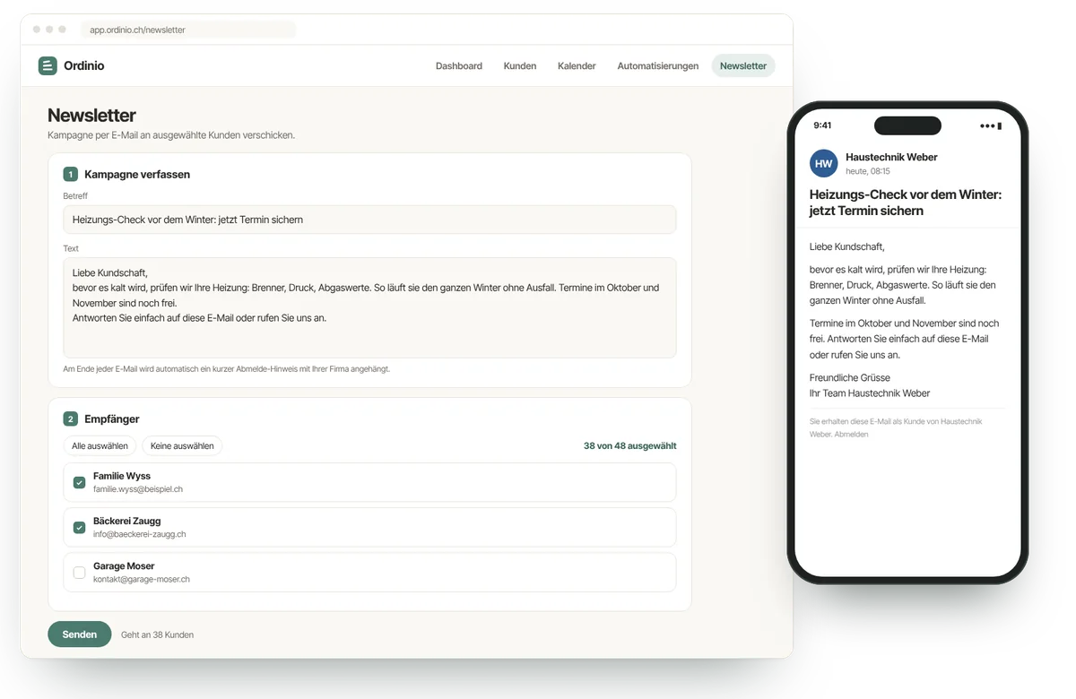 Ordinio-Newsletter: Kampagne «Heizungs-Check vor dem Winter» mit Betreff, Text und 38 von 48 ausgewählten Kunden, daneben die empfangene E-Mail auf dem Handy eines Kunden